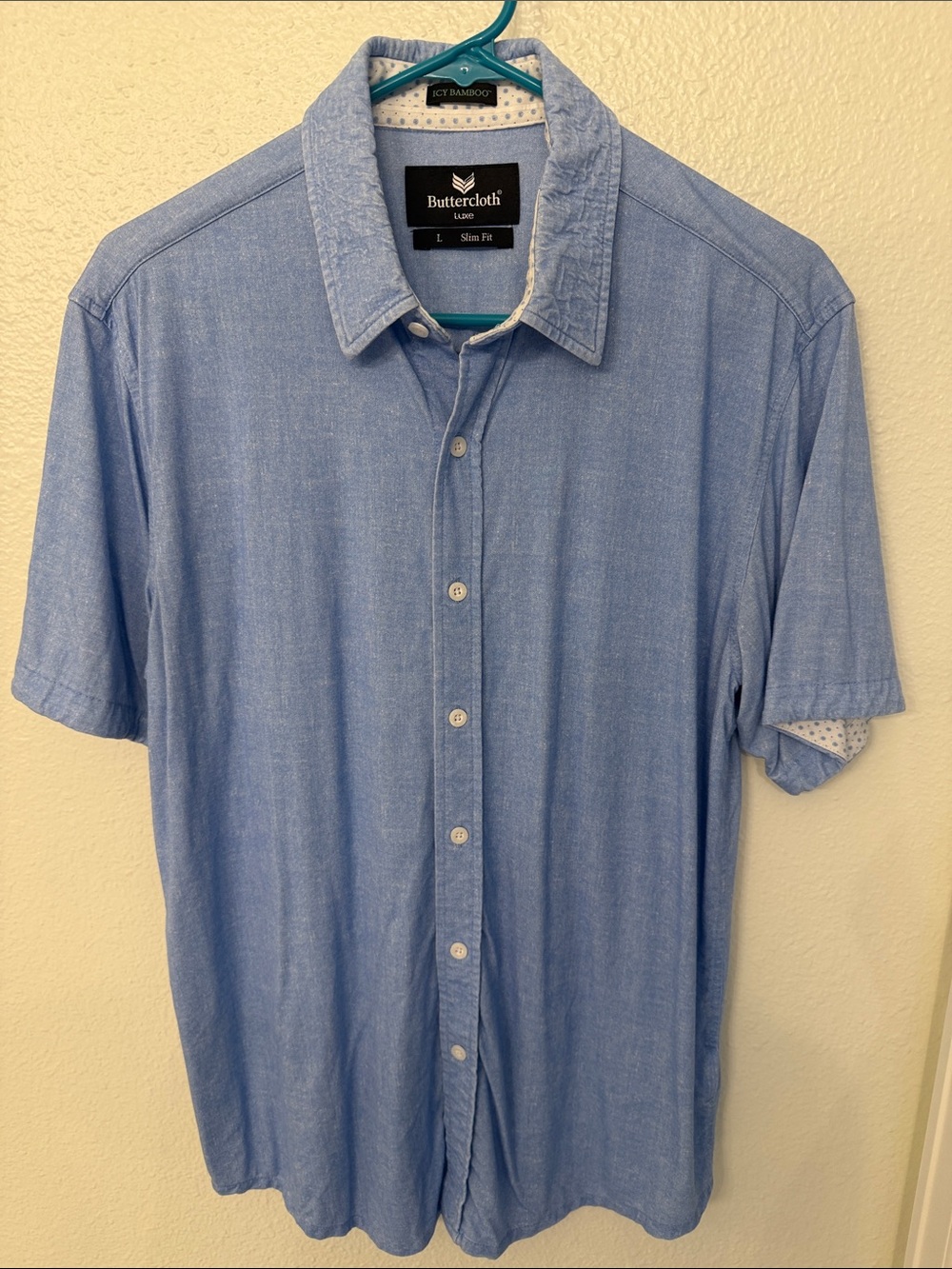 Buttercloth Luxe Icy Bamboo Men’s L Slim Fit Blue Stretch Button Up Shirt